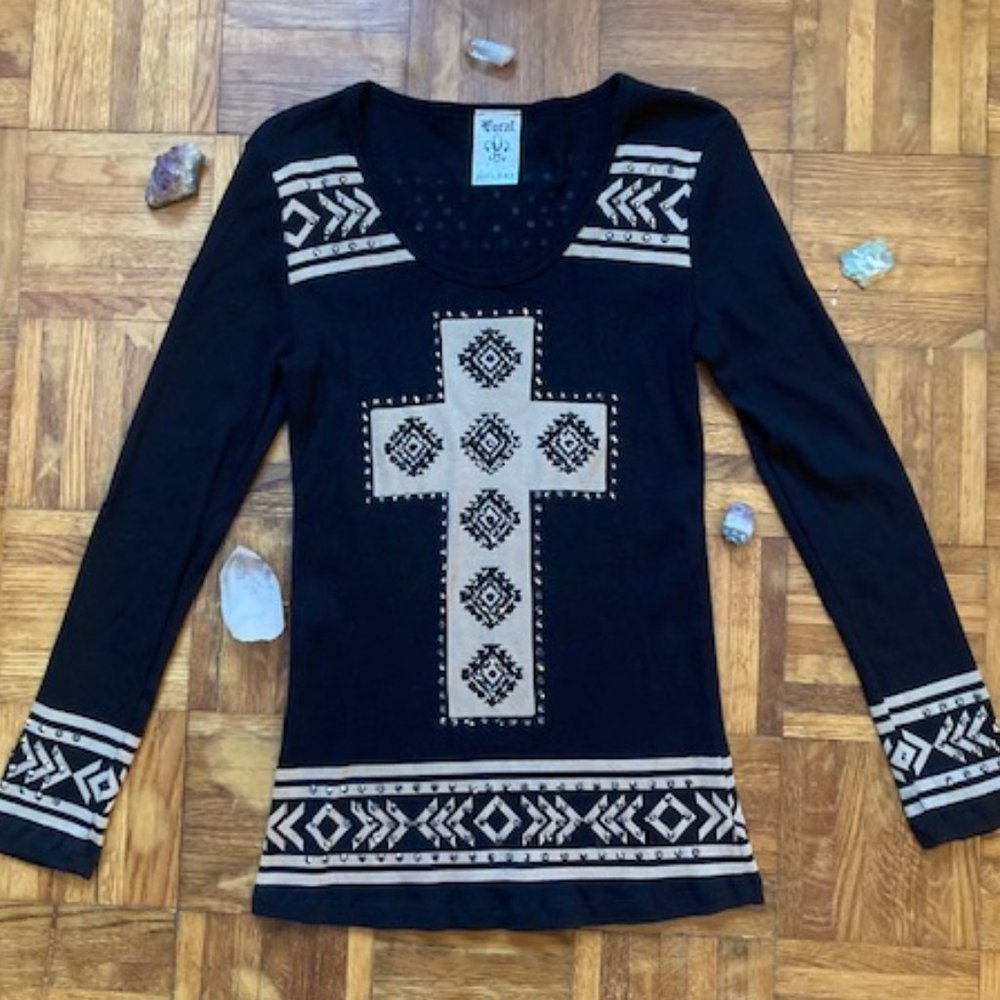 Vocal Rodeo Western Long Sleeve Cotton Shirt Black & Tan with Sequins Size M